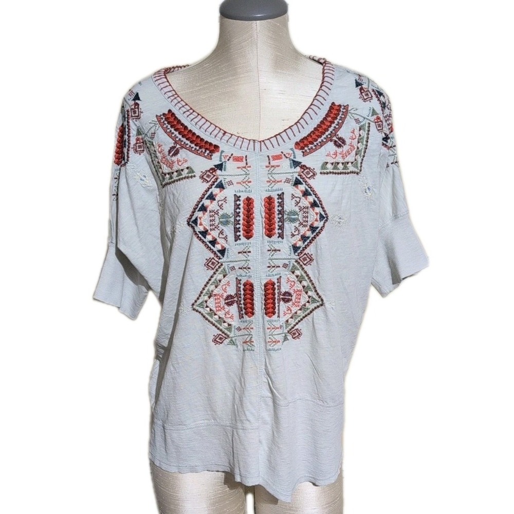 Sundance Womens L Light Blue Embroidered Short Sleeve Crew Neck Shirt Boho
